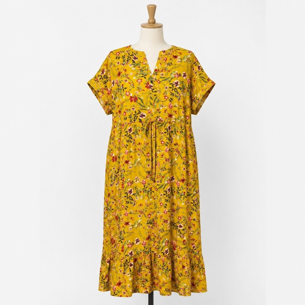 Terra &‎ Sky Dress Women 0X 14W Yellow Floral Rayon Boho Ruffle Hem Plus Size